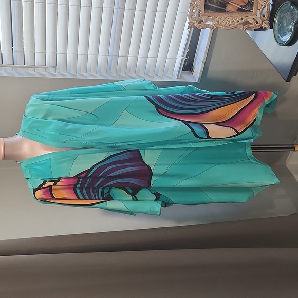 Vintage 80s Silk Unique Folk Art Open Cardigan Teal Abstract Womens Large - Picture 1 of 11